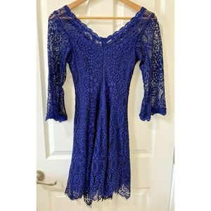 Always Indigo PS Blue Lace Mini Dress Deep V Neck Bell Sleeves Lace‎ A Line